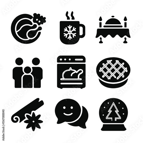 Festive Icon Set. Solid, filled icons set of holiday meal preparation: festive plate, holiday mug, decorated
