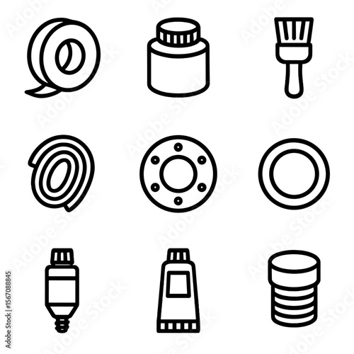 Pipe Sealing Icons. Solid, filled icon set of pipe sealing materials: PTFE tape, pipe joint compound, pipe thread sealant brush,