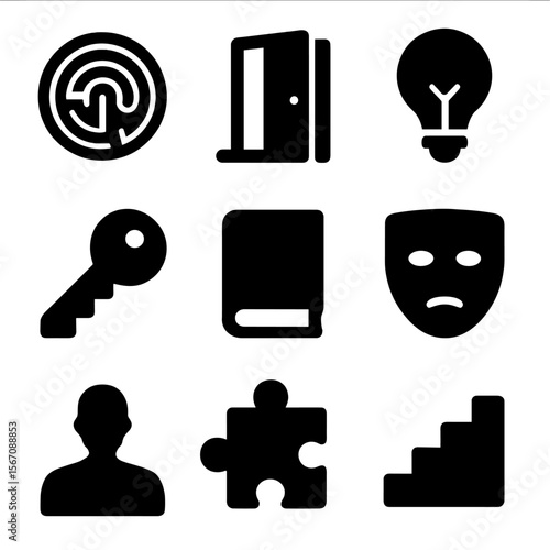 Introspective Icon Grid. Solid, filled icon set of introspection symbols: labyrinth, open door, light bulb, key, closed book, mask