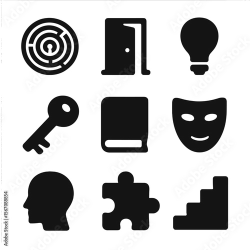 Introspective Icon Grid. Solid, filled icon set of introspection symbols: labyrinth, open door, light bulb, key, closed book, mask