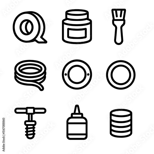 Pipe Sealing Icons. Solid, filled icon set of pipe sealing materials: PTFE tape, pipe joint compound, pipe thread sealant brush,