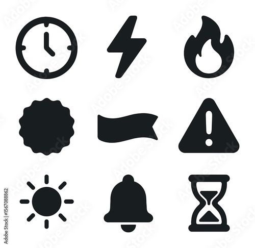 Summer Promotion Icons. Solid, filled icons set of limited summer promotions: countdown clock, flash deal, hot