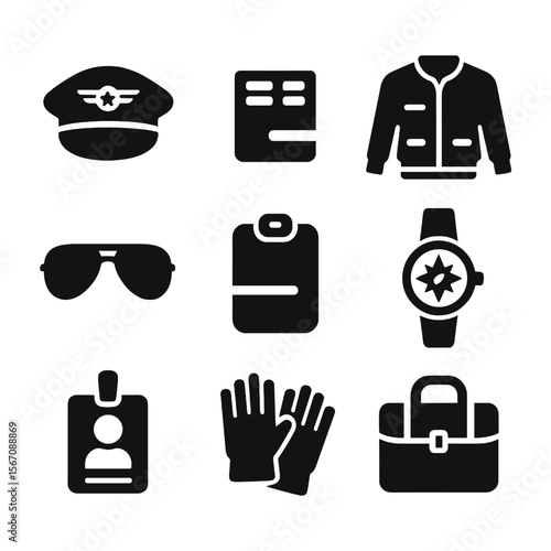 Pilot Gear Icon Set. Solid, filled icon set of pilot uniform and gear: pilot hat, epaulette stripes, flight jacket, sunglasses,