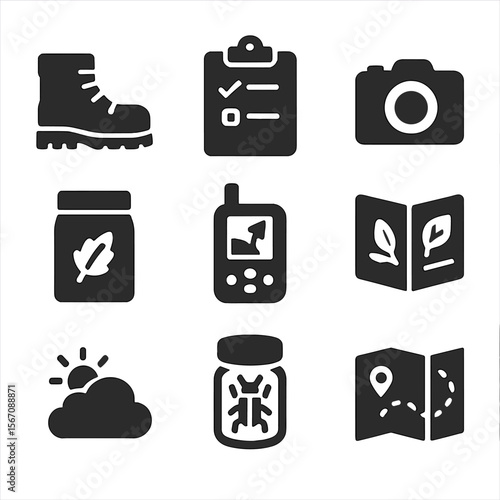 Field Research Icons. Solid, filled icons set of field research activities: hiking boots, clipboard, camera