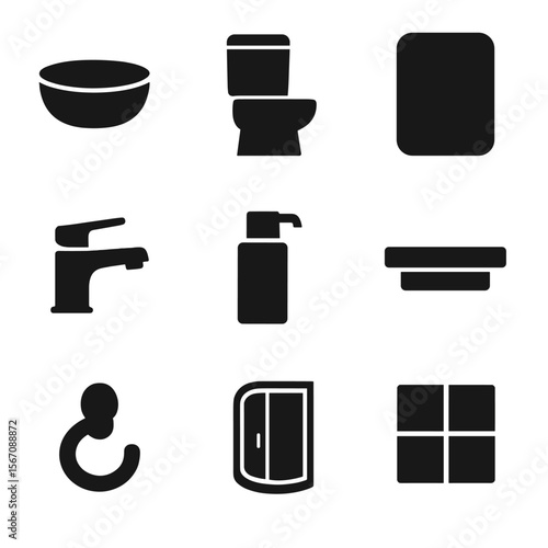 Minimalist Bathroom Icons. Solid, filled icon set of minimalist bathroom essentials: round basin, hidden cistern toilet, frameless
