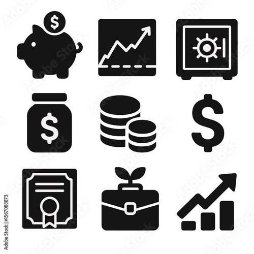 Investment Icons Grid. Solid, filled icon set of savings and investments: piggy bank, stock chart, safe box, retirement fund,