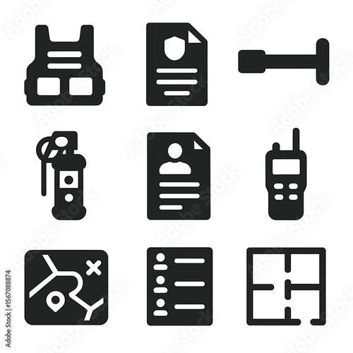 Field Operations Icons. Solid, filled icons set of field operations and raids: tactical vest, warrant paper,