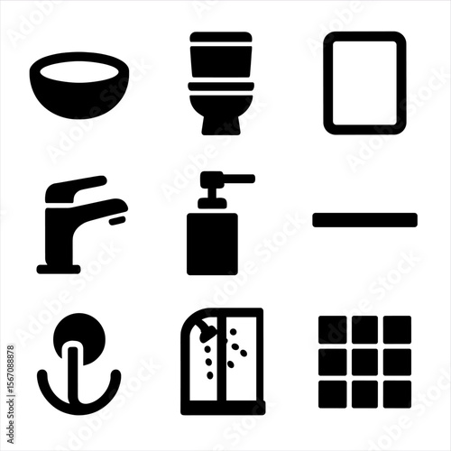Minimalist Bathroom Icons. Solid, filled icon set of minimalist bathroom essentials: round basin, hidden cistern toilet, frameless