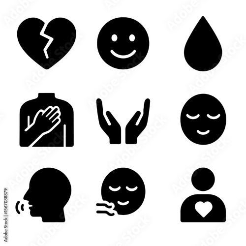 Introspection Emotions Icons. Solid, filled icon set of introspection emotions: heart with cracks, smiley face, tear drop, hand on