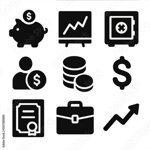 Investment Icons Grid. Solid, filled icon set of savings and investments: piggy bank, stock chart, safe box, retirement fund,