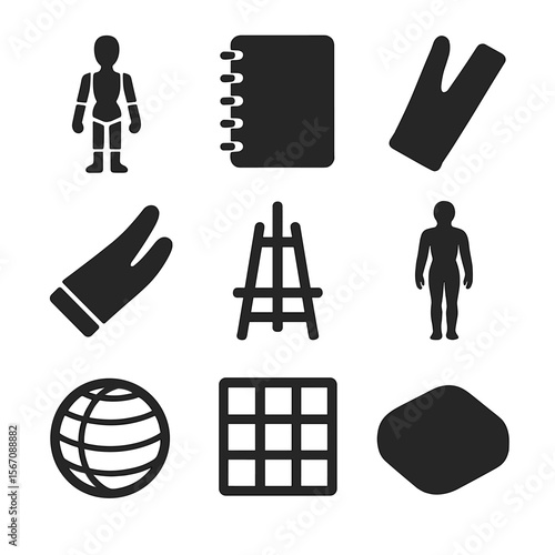 Figure Drawing Tools Icons. Solid, filled icons set of figure drawing tools: pose mannequin, sketch pad,