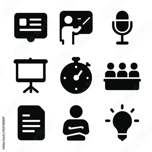 Pitch Presentation Tools Icons. Solid, filled icon set of pitch presentation tools: slide deck, pointer stick, microphone,