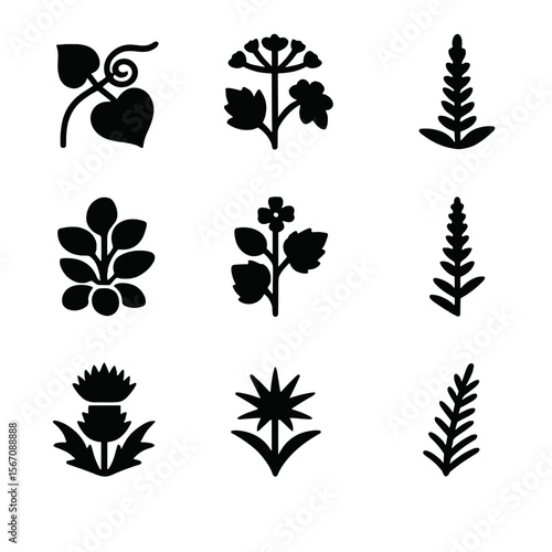 Invasive Plant Icons. Solid, filled icon set of invasive plant species: kudzu, giant hogweed, Japanese knotweed, water hyacinth,