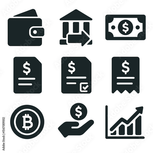 Financial Icons Grid. Solid, filled icons set of income and payment methods: digital wallet, bank transfer,