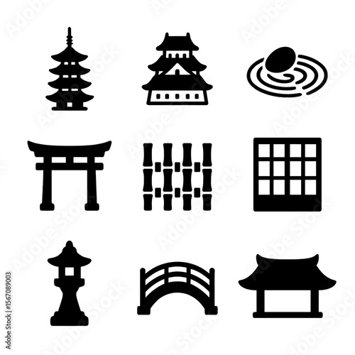 Japanese Architecture Icons. Solid, filled icon set of Japanese architecture: pagoda, castle, zen garden, shinto shrine, bamboo