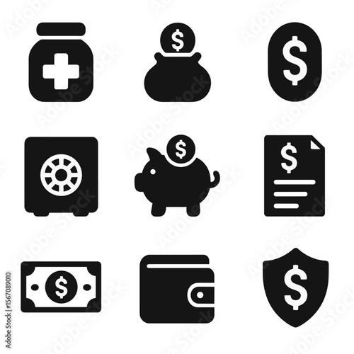 Financial Icons Grid. Solid, filled icons set of saving and emergency funds: emergency jar, savings icon,
