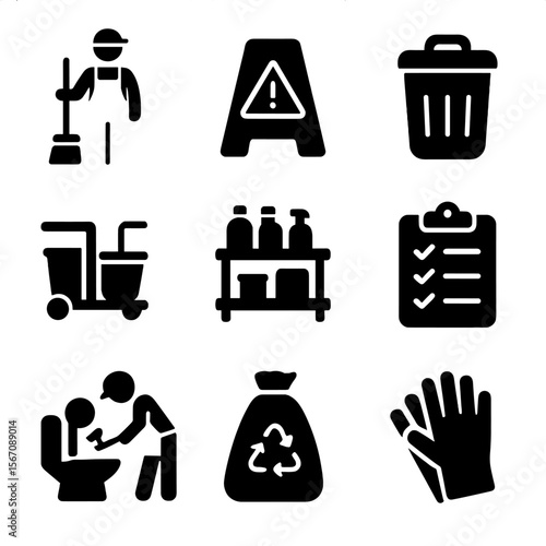Janitorial Service Icons. Solid, filled icon set of janitorial services: janitor figure, caution sign, trash bin, cleaning cart,