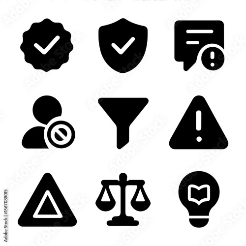 Misinformation Combat Icons. Solid, filled icon set of combating misinformation: fact-check badge, verified shield, report post