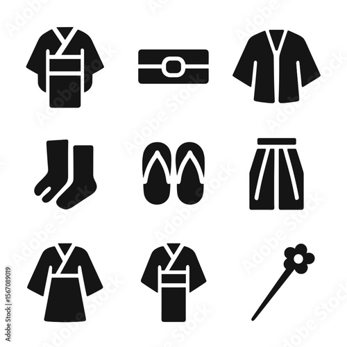 Japanese Clothing Icons. Solid, filled icon set of Japanese traditional clothing: kimono, obi belt, haori jacket, tabi socks, zori