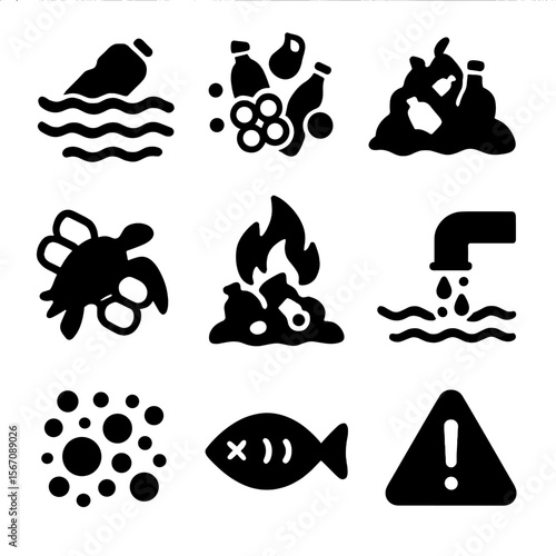 Plastic Pollution Icons. Solid, filled icon set of plastic pollution issues: floating bottle in ocean, marine debris, landfill