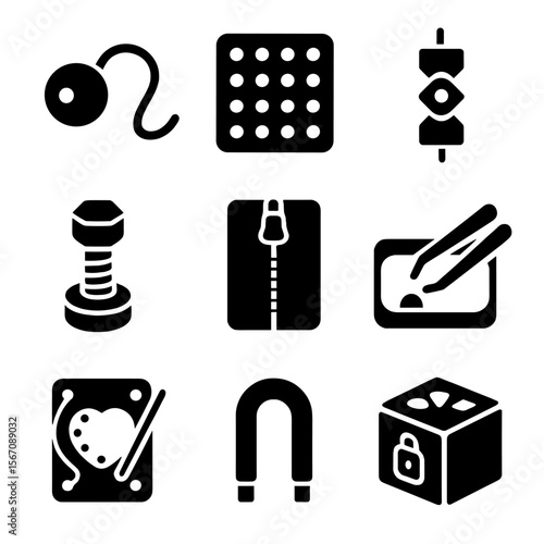 Fine Motor Skill Toys. Solid, filled icons set of fine motor skill toys: lacing bead, pegboard, button snake,