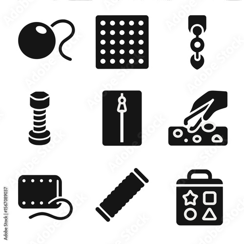 Fine Motor Skill Toys. Solid, filled icons set of fine motor skill toys: lacing bead, pegboard, button snake,