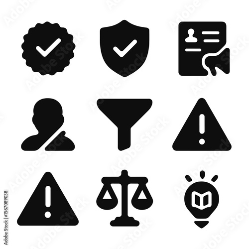 Misinformation Combat Icons. Solid, filled icon set of combating misinformation: fact-check badge, verified shield, report post