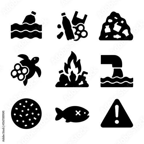 Plastic Pollution Icons. Solid, filled icon set of plastic pollution issues: floating bottle in ocean, marine debris, landfill
