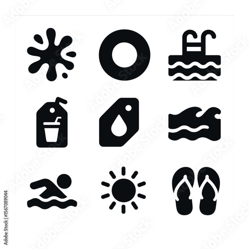 Summer Splash Icons. Solid, filled icons set of splash sale events: water splash, float ring, pool icon, drink
