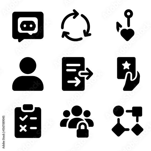 Misinformation Icon Set. Solid, filled icon set of social media misinformation indicators: bot comment, viral loop, engagement