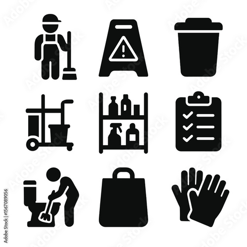 Janitorial Service Icons. Solid, filled icon set of janitorial services: janitor figure, caution sign, trash bin, cleaning cart,