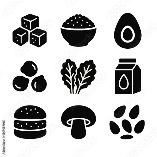 Plant-Based Meal Icons. Solid, filled icon set of plant-based meal prep: tofu cubes, quinoa bowl, avocado half, chickpeas, kale