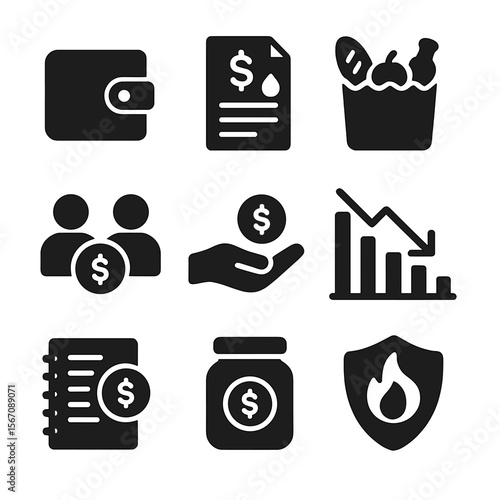 Financial Support Icons. Solid, filled icons set of financial support during crisis: wallet icon, bill payment