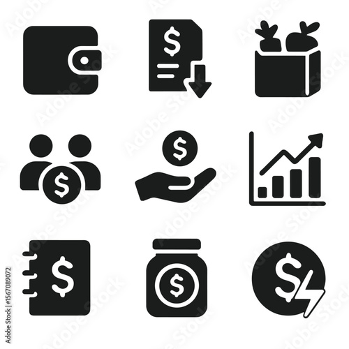 Financial Support Icons. Solid, filled icons set of financial support during crisis: wallet icon, bill payment