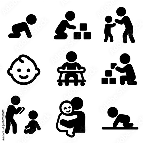 Playful Baby Icons. Solid, filled icon set of playful activities with baby: baby crawling, baby playing with blocks, father and