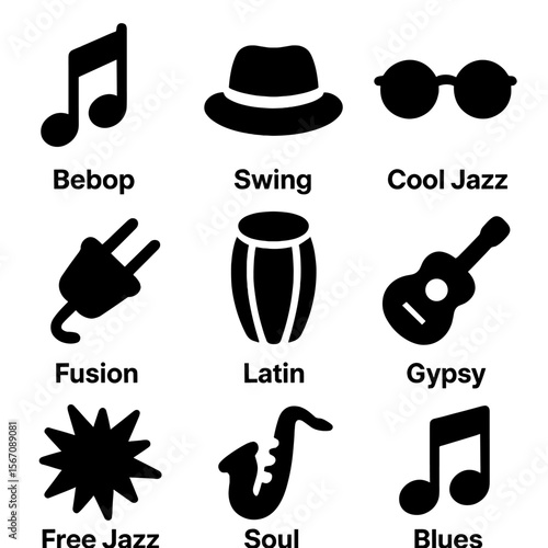 Jazz Genre Icons. Solid, filled icon set of jazz subgenres representation: bebop icon, swing hat, cool jazz glasses, fusion plug,