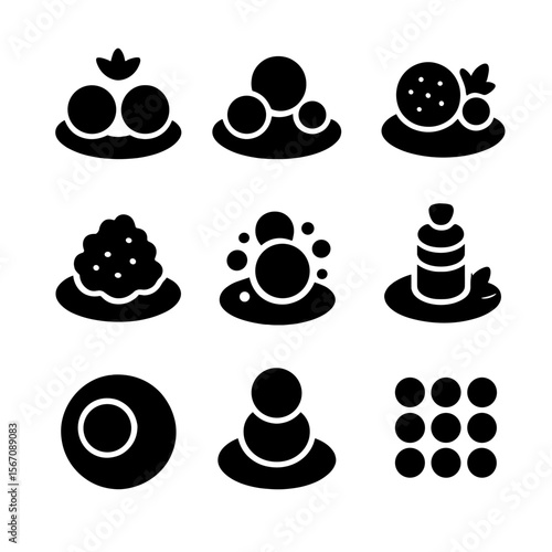 Plating Design Icons Grid. Solid, filled icon set of plating design concepts: balance, contrast, texture, color pop, height,
