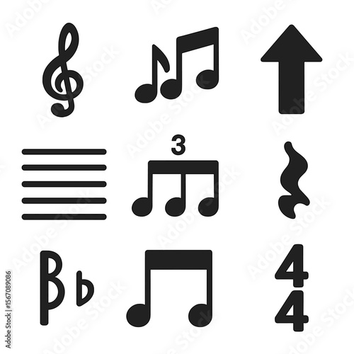 Jazz Notation Icons. Solid, filled icon set of jazz notation and sheets: treble clef, swing rhythm, chord symbol, improv arrow,