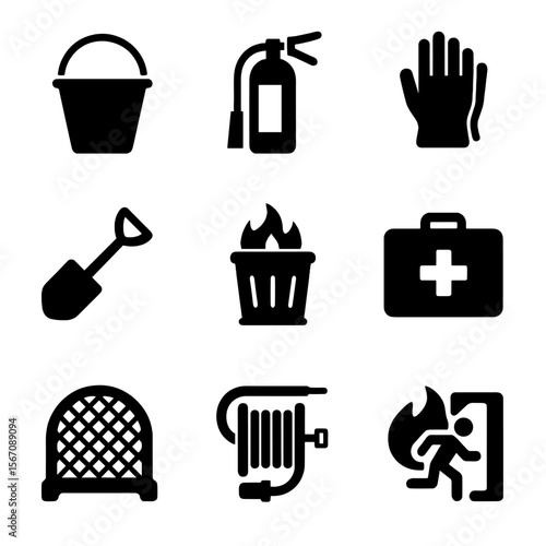 Fire Safety Icons. Solid, filled icons set of fire safety tools: water bucket, fire extinguisher, safety