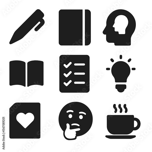 Journaling Icons Set. Solid, filled icon set of journaling and introspection: pen, notebook, reflection icon, open book, check