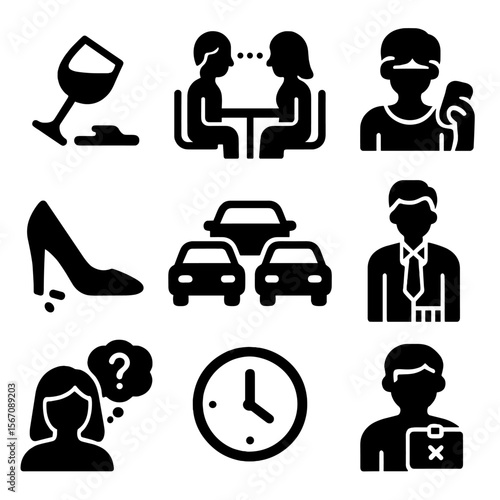 First Date Missteps. Solid, filled icons set of first date missteps: spilled drink, awkward silence, phone