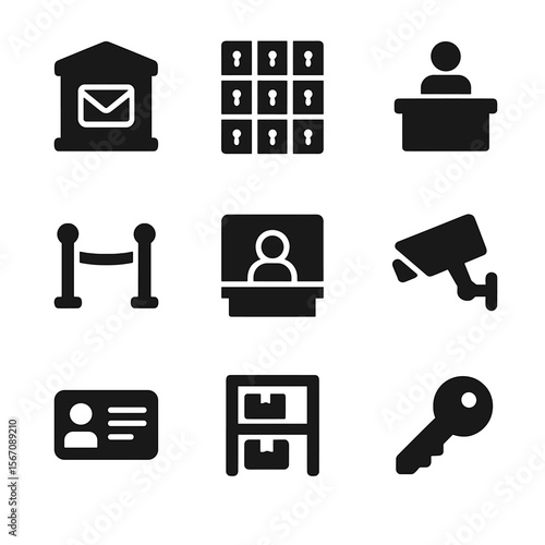 PO Box Icons. Solid, filled icon set of PO box building elements: mailroom, lockboxes, counter, queue line, service window,