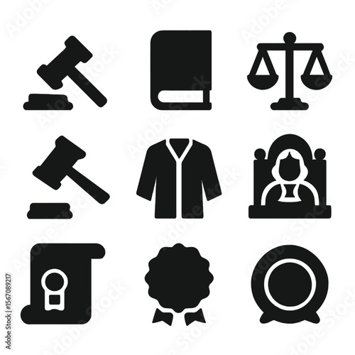 Judge's Authority Icons. Solid, filled icon set of judge’s authority: gavel strike, courtroom order, verdict book, scales balanced