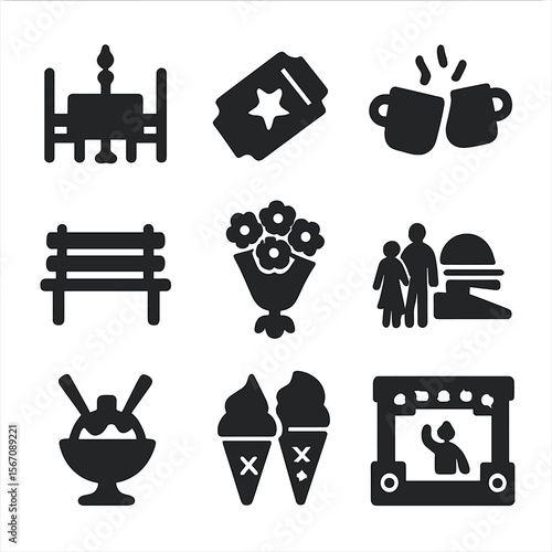 First Date Icons. Solid, filled icons set of first date activities: dinner table for two, movie ticket, coffee