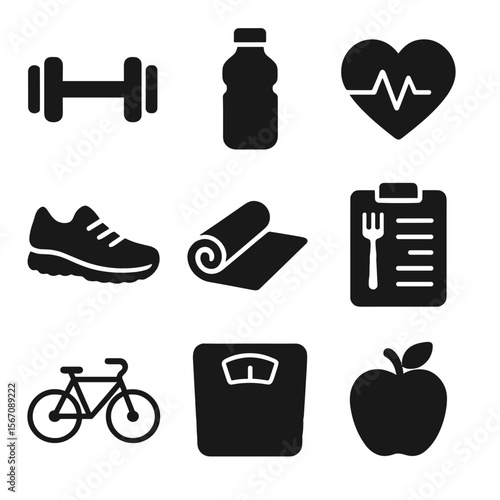 Fitness Icons Grid. Solid, filled icons set of fitness and health resolutions: dumbbell, water bottle, heart