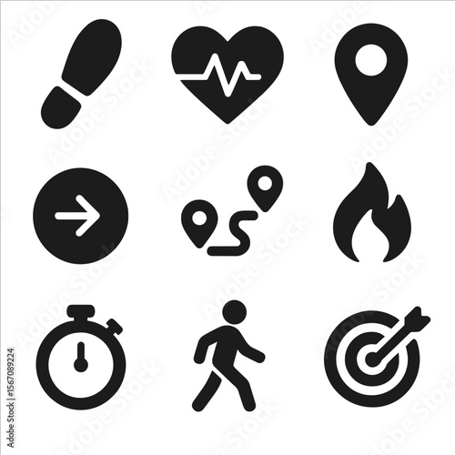 Fitness Icons Grid. Solid, filled icons set of fitness and movement tracking: step counter, heart rate icon,