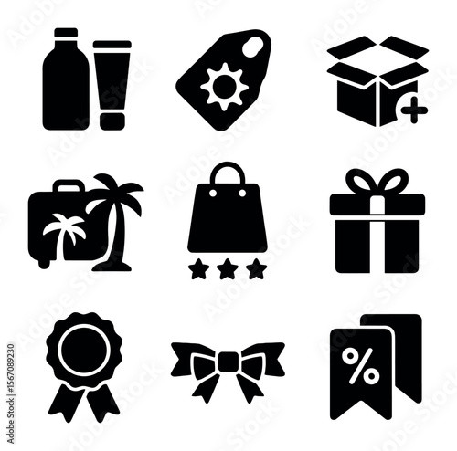 Summer Offer Icons. Solid, filled icons set of summer bundle offers: product group, kit tag, bonus icon,