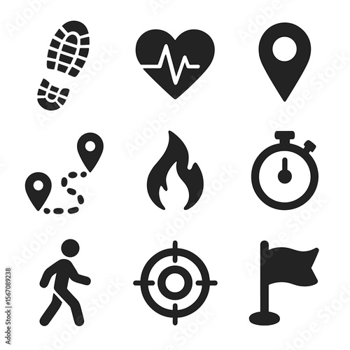 Fitness Icons Grid. Solid, filled icons set of fitness and movement tracking: step counter, heart rate icon,