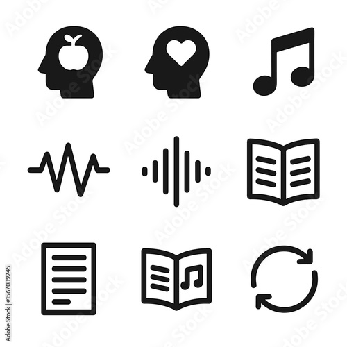 Poetry Devices Icons Grid. Solid, filled icon set of poetic devices: metaphor, simile, rhyme, rhythm, alliteration, stanza, verse,