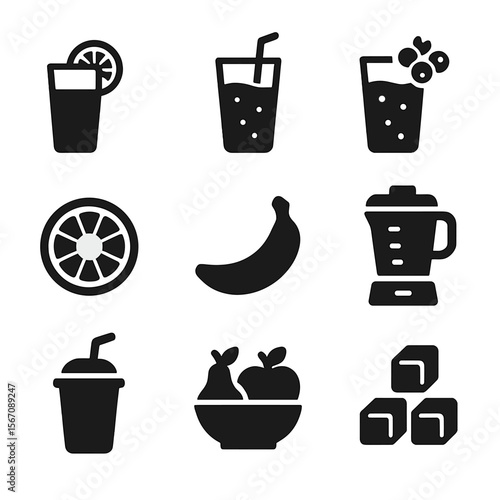 Juice and Smoothie Icons. Solid, filled icon set of juices and smoothies: orange juice, green smoothie, berry blend, pineapple